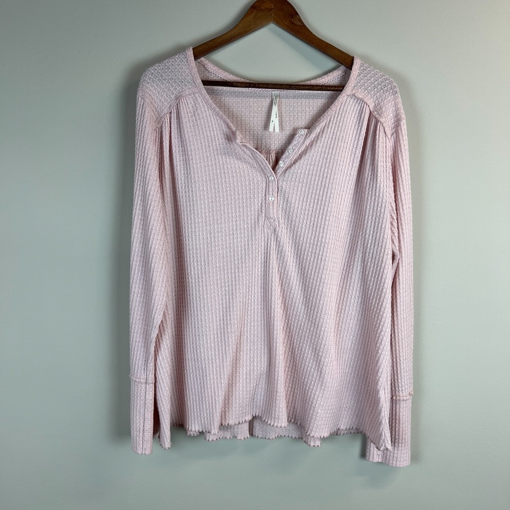 Anthropologie Henley Shirt Womens XL Pink Waffle Knit Thermal Long Sleeve Casual
